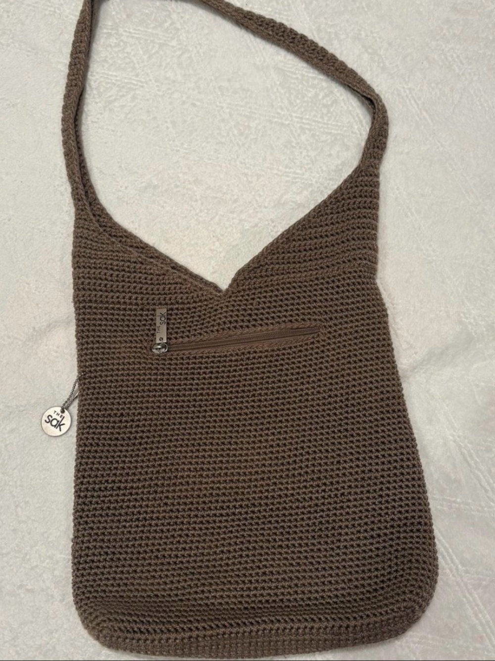 The Sak Brown Crochet Messenger Bag with Front Zip Hobo Bag